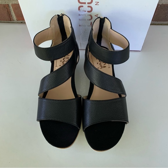 Lucca Lane Fifi Black Leather Strappy Wedge Sandals Size US 7 M - Picture 4 of 9